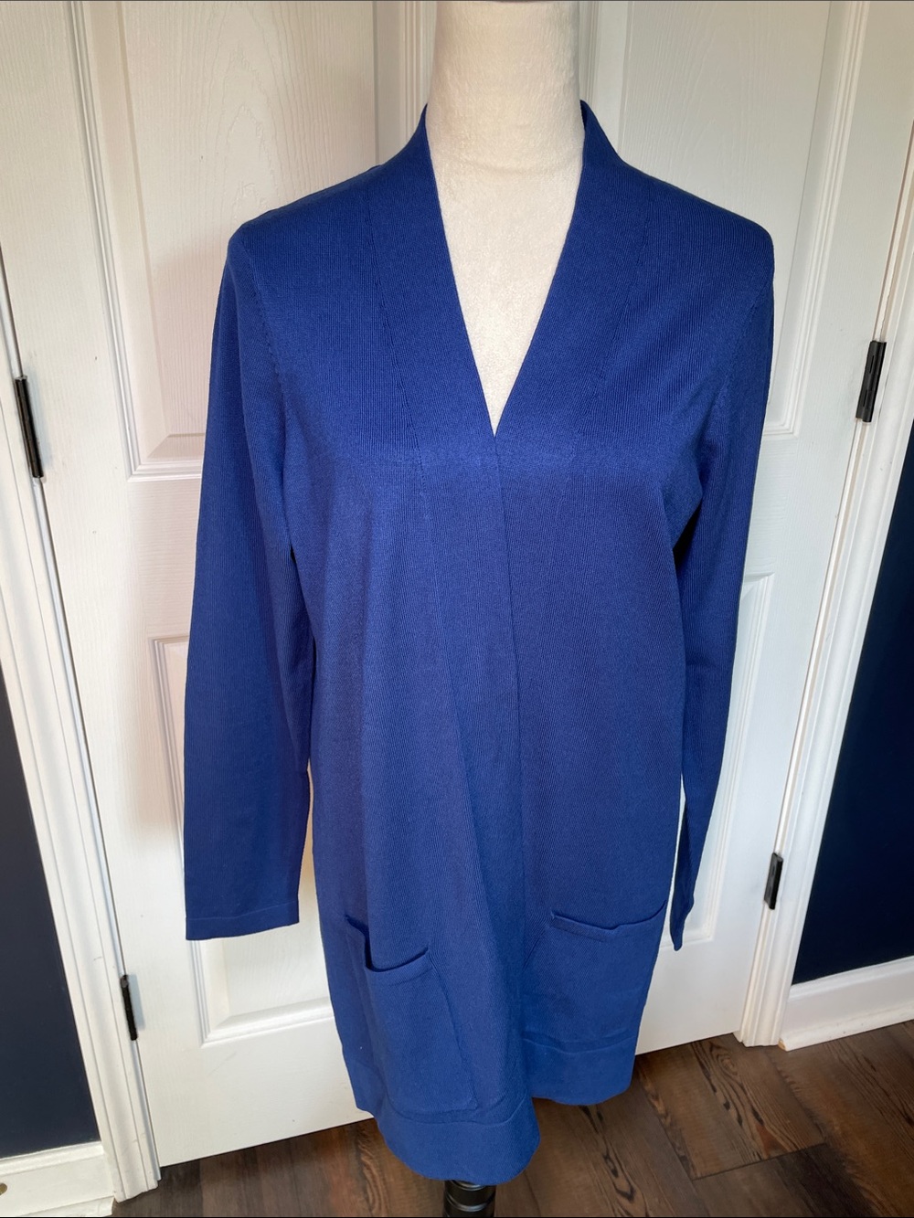 NWOT Susan Graver Blue Open Front Knit Cardigan Jacket Sweater Pockets
